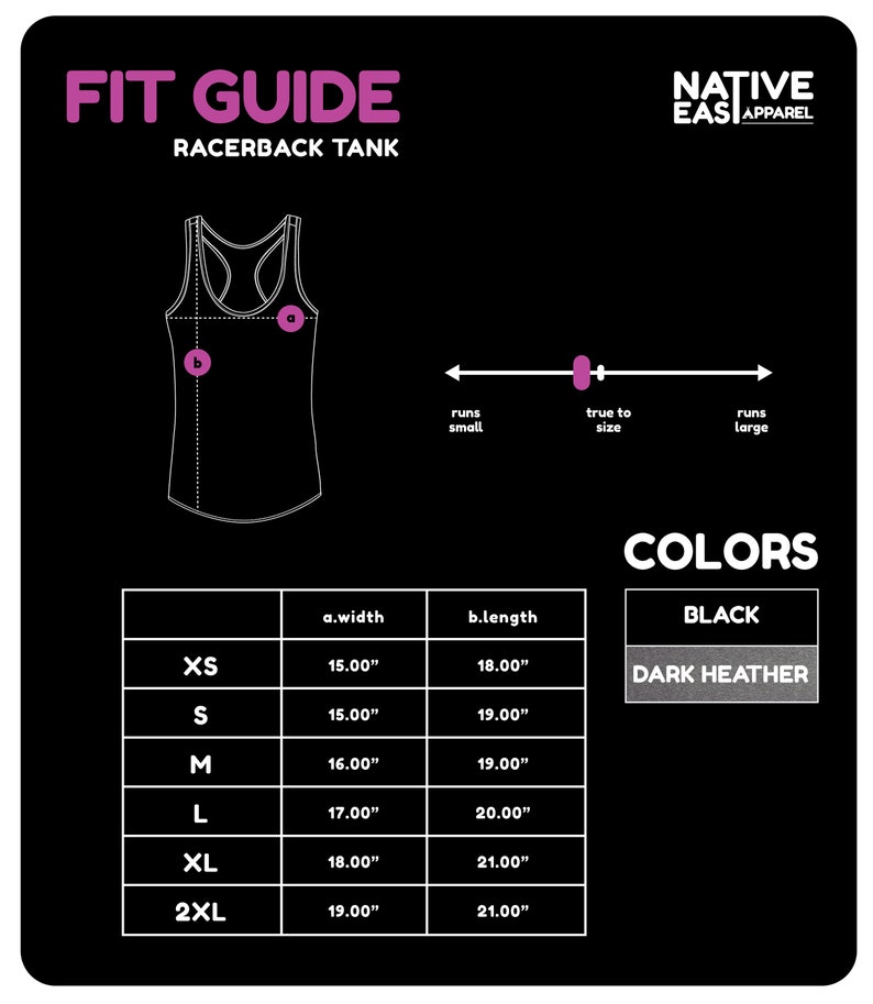 Puede incluir: Gr&aacute;fico negro que muestra una gu&iacute;a de tallas para camisetas sin mangas de espalda nadadora. Las medidas est&aacute;n en pulgadas. La gu&iacute;a incluye tallas XS a 2XL, con dimensiones de ancho y largo. El texto "FIT GUIDE RACERBACK TANK" est&aacute; en la parte superior.