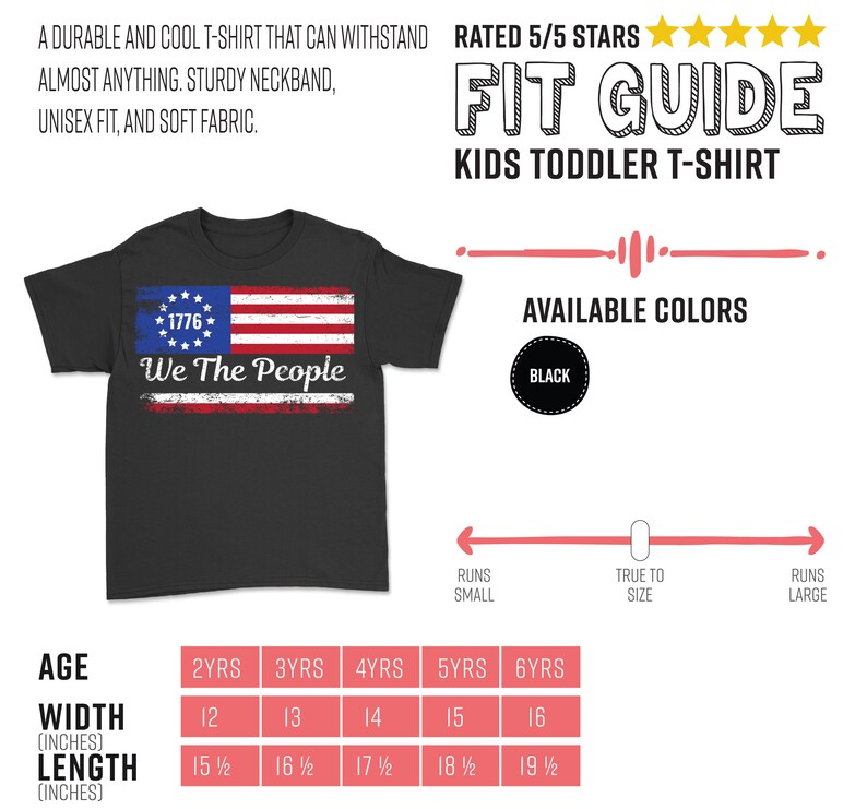 Może przedstawiać: Czarny t-shirt dla malucha z postarzanym wzorem amerykańskiej flagi i napisem "1776 We The People". Koszulka ma solidny kołnierz i jest dostępna w kolorze czarnym. Szerokość waha się od 30,48 cm do 40,64 cm.