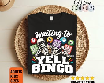 Waiting to Yell Bingo Shirt, Funny Skeleton Graphic, Bubble Tea Sunglasses Print, Bright Cards & Balls, Game Night Birthday Gift, Party Wear