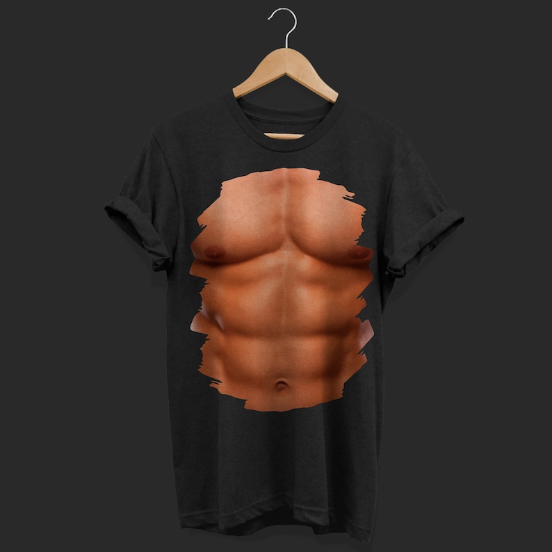 May include: A black t-shirt with a ripped-out section revealing a printed image of a muscular torso.