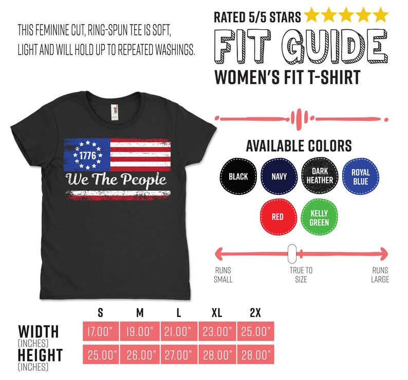 Może przedstawiać: Czarny t-shirt damski z postarzanym wzorem amerykańskiej flagi. Flaga zawiera tekst "1776" i "We The People". Dostępny w wielu kolorach, z wymiarami w calach.