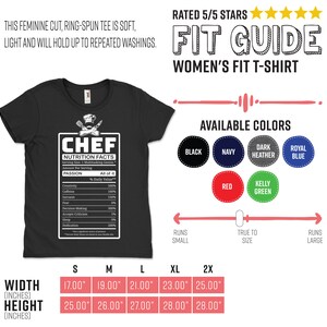 May include: Black Women's Fit T-shirt with a "CHEF Nutrition Facts" graphic. The graphic lists the daily values of "Passion" ingredients like creativity, caffeine, and sarcasm. Available in multiple colours and sizes.