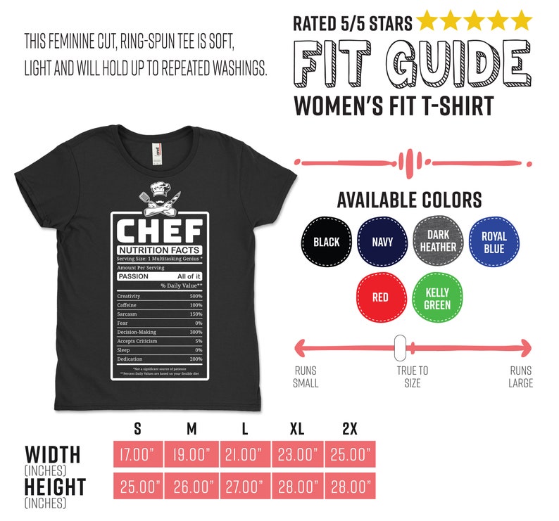 May include: Black Women's Fit T-shirt with a "CHEF Nutrition Facts" graphic. The graphic lists the daily values of "Passion" ingredients like creativity, caffeine, and sarcasm. Available in multiple colours and sizes.