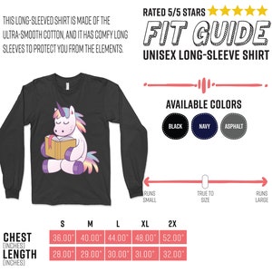 Pode incluir: Camiseta unissex de manga comprida cinza escuro com um unic&oacute;rnio de desenho animado lendo um livro. Feita de algod&atilde;o ultramacio. Dispon&iacute;vel em preto, marinho e asfalto. Tamanhos de peito de 91 cm a 132 cm.