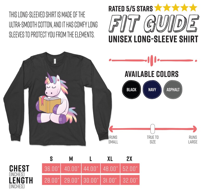 Pode incluir: Camiseta unissex de manga comprida cinza escuro com um unic&oacute;rnio de desenho animado lendo um livro. Feita de algod&atilde;o ultramacio. Dispon&iacute;vel em preto, marinho e asfalto. Tamanhos de peito de 91 cm a 132 cm.