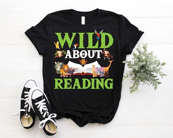 Wild About Reading T-Shirt, Reader Gifts for Teachers, Books Zoo Animals Lover Outfit, Read Literature Librarian Clothes, Bookworms Costume,