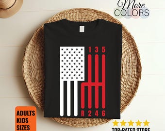American Flag Muscle Car T Shirt, 6 Gears Mechanic Gift, Manual Transmission Gearhead Tee, Automotive Garage Apparel, Patriotic Auto