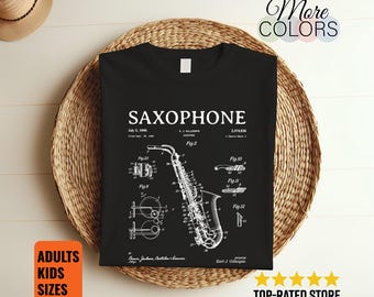 Saxophone Vintage Patent Drawing T-Shirt Retro Musician Tee Sax Player Gift Instrument Lover Band Apparel Antique Blueprint Graphic