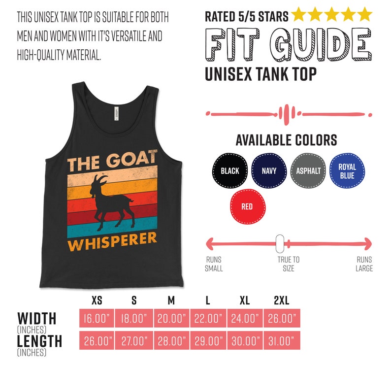 Puede incluir: Camiseta sin mangas unisex negra con el texto "THE GOAT WHISPERER" y una silueta de cabra sobre un dise&ntilde;o retro de puesta de sol. Disponible en varios colores. Las medidas de ancho var&iacute;an de 40,6 cm a 66 cm, y las de largo de 66 cm a 78,7 cm.
