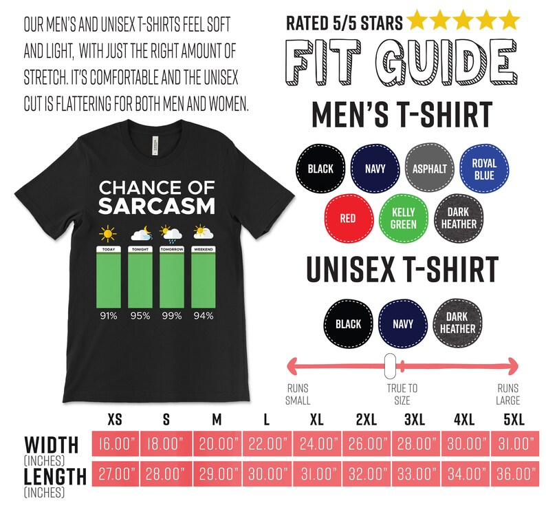 Puede incluir: Camiseta negra con un gr&aacute;fico blanco que dice "Chance of Sarcasm" y un gr&aacute;fico de barras verde con porcentajes. El gr&aacute;fico tambi&eacute;n incluye un sol, una nube, lluvia y las palabras "Hoy, Esta noche, Ma&ntilde;ana, Fin de semana". La camiseta est&aacute; disponible en tallas XS a 5XL. La tabla de tallas muestra el ancho y la longitud de la camiseta en pulgadas.