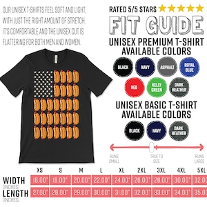 May include: A black t-shirt with a graphic of an American flag made of hot dogs. The shirt is available in a variety of colors, including black, navy, asphalt, royal blue, red, kelly green, and dark heather. The size chart shows the width and length of the shirt in inches for sizes XS to 5XL.