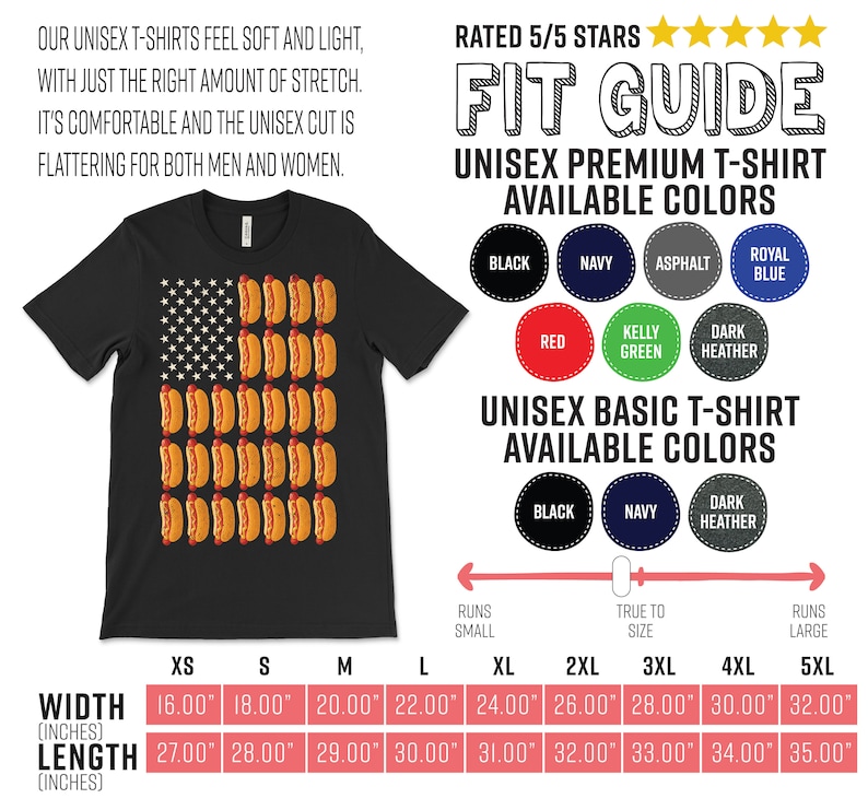 May include: A black t-shirt with a graphic of an American flag made of hot dogs. The shirt is available in a variety of colors, including black, navy, asphalt, royal blue, red, kelly green, and dark heather. The size chart shows the width and length of the shirt in inches for sizes XS to 5XL.