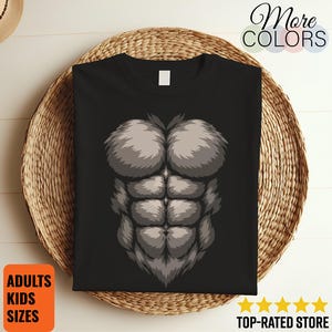 May include: A black t-shirt featuring a graphic print of a grey, furry, muscular torso with defined abdominal muscles and chest hair. The shirt includes text that reads More Colors, Adults Kids Sizes, and Top-Rated Store.