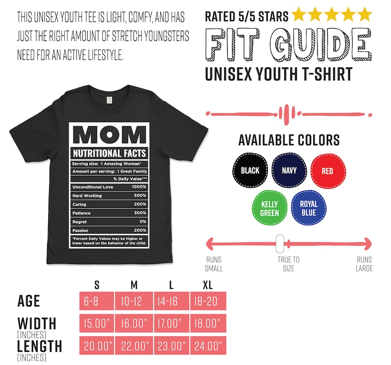May include: Black unisex youth t-shirt with the text "MOM NUTRITIONAL FACTS". The shirt includes a size chart with measurements in inches. Available colors are black, navy, red, kelly green, and royal blue.