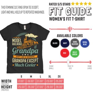 May include: Black t-shirt featuring a graphic of a model railway train and the text "I'm a Model Railroad Grandpa. Just like a normal Grandpa except Much Cooler." The shirt is available in sizes S, M, L, XL, and 2X. The shirt is also available in a variety of colours, including black, navy, dark heather, royal blue, red, and kelly green.