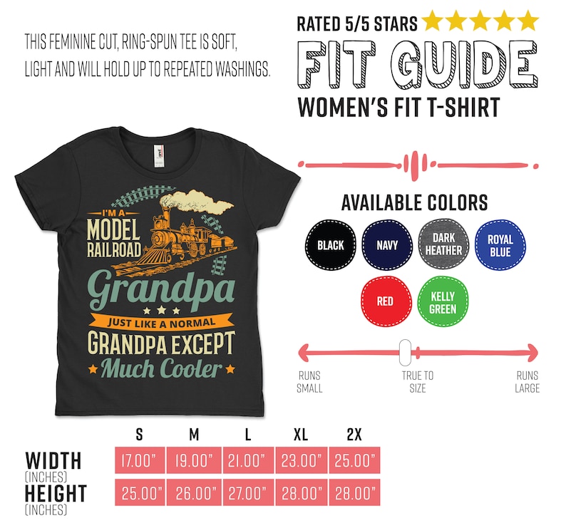 May include: Black t-shirt featuring a graphic of a model railway train and the text "I'm a Model Railroad Grandpa. Just like a normal Grandpa except Much Cooler." The shirt is available in sizes S, M, L, XL, and 2X. The shirt is also available in a variety of colours, including black, navy, dark heather, royal blue, red, and kelly green.