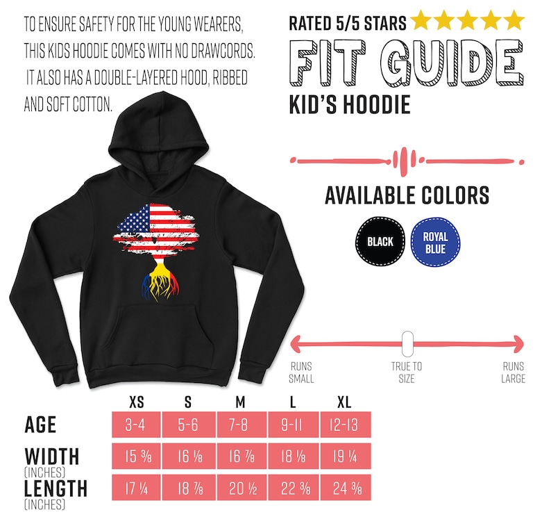 K&ouml;nnte beinhalten: Schwarzer Kinder-Hoodie mit einem Baumdesign, das die amerikanische und rum&auml;nische Flagge zeigt. Der Hoodie hat eine doppelte Kapuze und gerippte B&uuml;ndchen. Gr&ouml;&szlig;entabelle mit Alters-, Breiten- und L&auml;ngenma&szlig;en in Zoll.