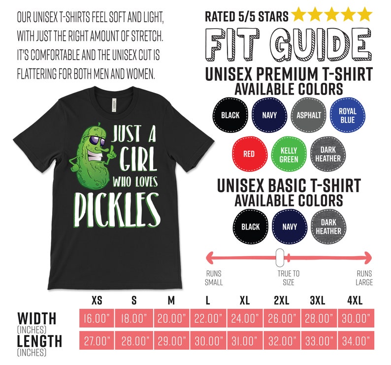 Może przedstawiać: Czarny T-shirt z zielonym og&oacute;rkiem i napisem "Just a girl who loves pickles". Koszulka dostępna w rozmiarach od XS do 4XL. Tabela rozmiar&oacute;w pokazuje szerokość i długość koszulki w calach.