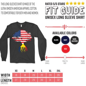 K&ouml;nnte beinhalten: Ein schwarzes Langarmshirt mit einem Baumdesign, das die amerikanische und die rum&auml;nische Flagge zeigt. Das Shirt ist in den Gr&ouml;&szlig;en XS bis 2XL und in den Farben Schwarz, Marine, Dunkelgrau meliert und Rot erh&auml;ltlich. Die Gr&ouml;&szlig;entabelle zeigt die Breite und L&auml;nge des Shirts in Zoll.
