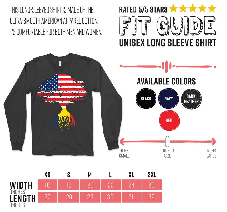 K&ouml;nnte beinhalten: Ein schwarzes Langarmshirt mit einem Baumdesign, das die amerikanische und die rum&auml;nische Flagge zeigt. Das Shirt ist in den Gr&ouml;&szlig;en XS bis 2XL und in den Farben Schwarz, Marine, Dunkelgrau meliert und Rot erh&auml;ltlich. Die Gr&ouml;&szlig;entabelle zeigt die Breite und L&auml;nge des Shirts in Zoll.
