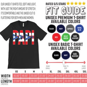 May include: Black unisex t-shirt with the word "PAPI" in red, white, and blue, with star graphics. The shirt features a fit guide and color options. Width measurements range from 16.00" to 31.00", and length from 27.00" to 36.00".