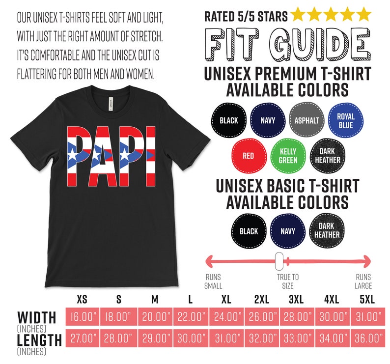 May include: Black unisex t-shirt with the word "PAPI" in red, white, and blue, with star graphics. The shirt features a fit guide and color options. Width measurements range from 16.00" to 31.00", and length from 27.00" to 36.00".