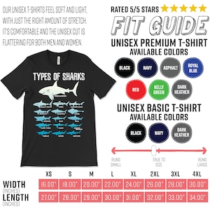 Pu&ograve; includere: T-shirt unisex nero con la scritta "TYPES OF SHARKS" e illustrazioni di squali. Include una guida alle taglie e opzioni di colore. Taglie dalla XS alla 4XL, con larghezze da 40.6 cm a 76.2 cm e lunghezze da 68.6 cm a 86.4 cm.