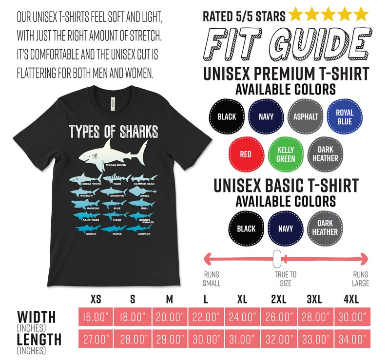 Pu&ograve; includere: T-shirt unisex nero con la scritta "TYPES OF SHARKS" e illustrazioni di squali. Include una guida alle taglie e opzioni di colore. Taglie dalla XS alla 4XL, con larghezze da 40.6 cm a 76.2 cm e lunghezze da 68.6 cm a 86.4 cm.