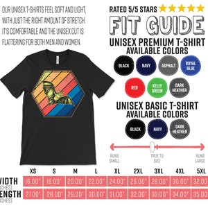 May include: Black unisex t-shirt with a bat graphic inside a retro-style hexagon. The shirt features a fit guide and color options. Width measurements range from 16.00" to 32.00", and length from 27.00" to 35.00".