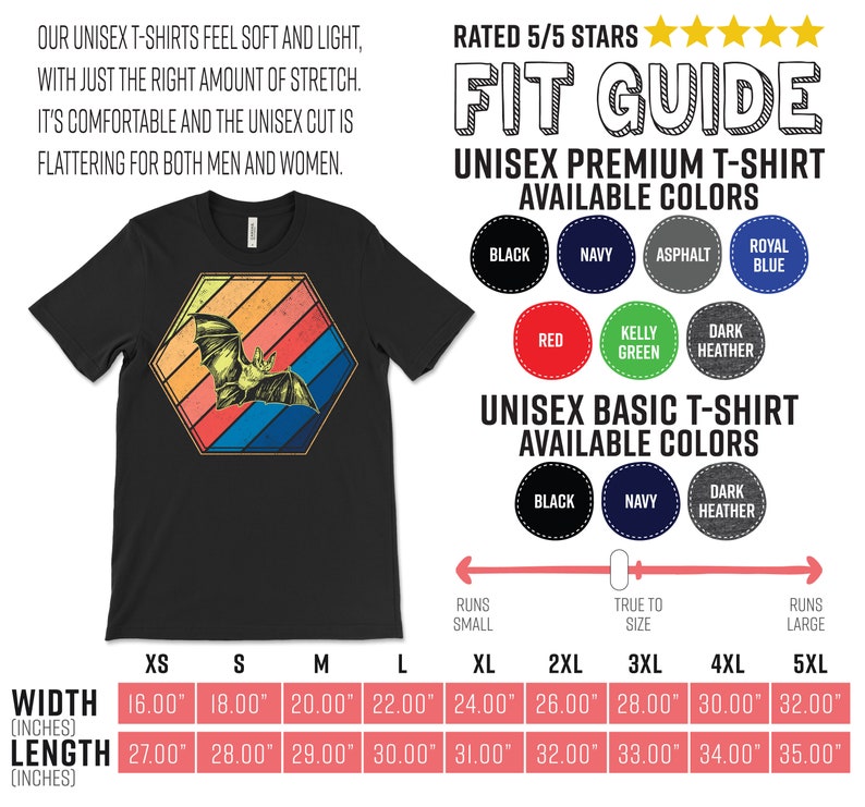 May include: Black unisex t-shirt with a bat graphic inside a retro-style hexagon. The shirt features a fit guide and color options. Width measurements range from 16.00" to 32.00", and length from 27.00" to 35.00".