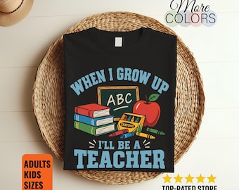 Camiseta "Cuando sea mayor seré profesor/a", camiseta para futuros educadores, conjunto para el día de las profesiones infantiles, estampado de libros, manzanas y crayones, regalo para el trabajo soñado en el aula