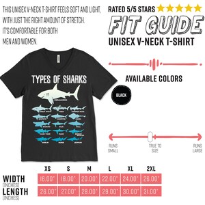 Pu&ograve; includere: T-shirt unisex nera con scollo a V con grafica di squali e la scritta "TYPES OF SHARKS". La maglietta presenta illustrazioni di diverse specie di squali. Disponibile in nero. Le misure sono fornite in cm per diverse taglie.
