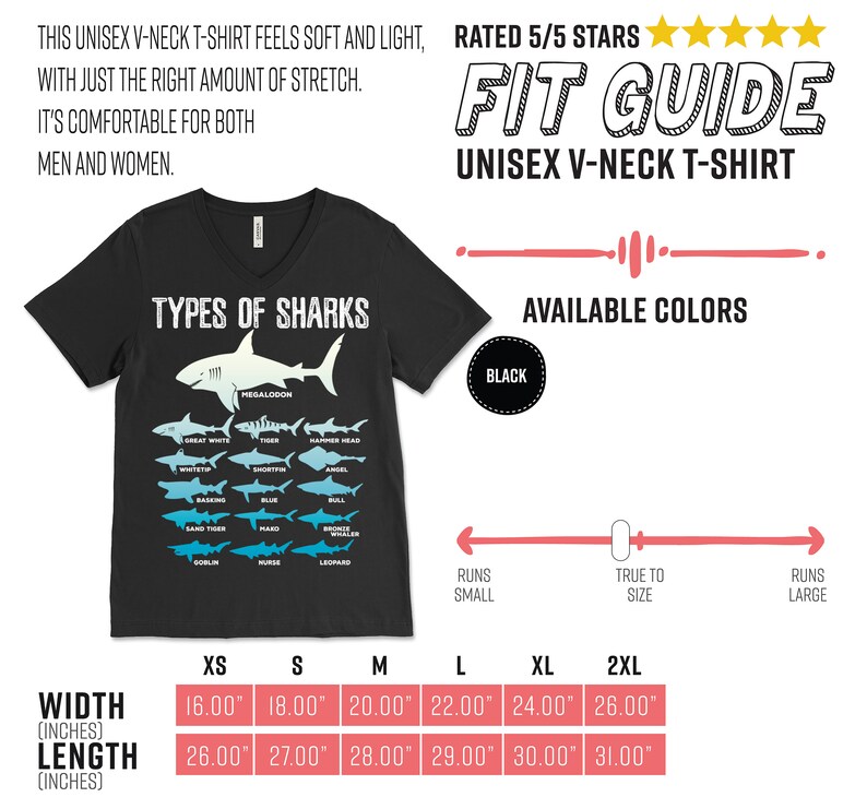 Pu&ograve; includere: T-shirt unisex nera con scollo a V con grafica di squali e la scritta "TYPES OF SHARKS". La maglietta presenta illustrazioni di diverse specie di squali. Disponibile in nero. Le misure sono fornite in cm per diverse taglie.