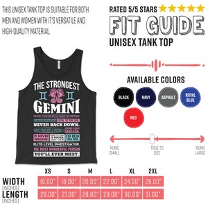 May include: Black tank top with a white graphic print of the Gemini zodiac sign. The text reads "The Strongest Gemini" and includes a list of personality traits. The size chart shows the width and length of the tank top in inches.