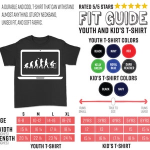 May include: Black unisex t-shirt featuring a white graphic of human evolution within a laptop screen. The image includes a fit guide with size and colour options. The text reads: "A durable and cool t-shirt that can withstand almost anything."