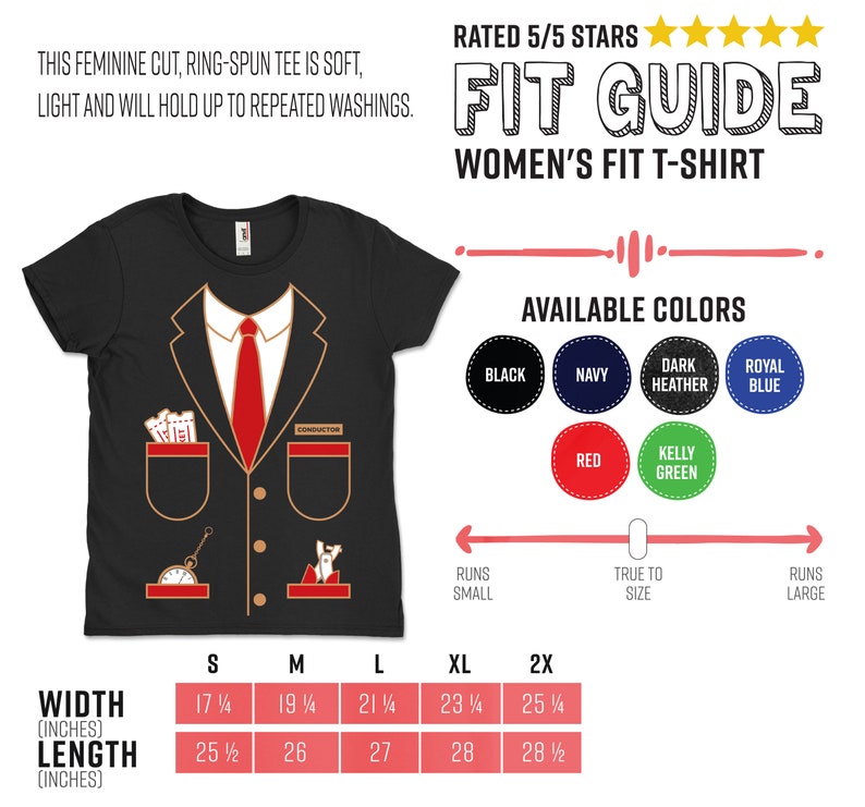 K&ouml;nnte beinhalten: Schwarzes Damen-T-Shirt mit einem Aufdruck eines Dirigentenanzugs, einschlie&szlig;lich roter Krawatte, Taschen und dem Wort "CONDUCTOR". Erh&auml;ltlich in verschiedenen Farben. Breiten von 43,8 bis 64,1 cm.