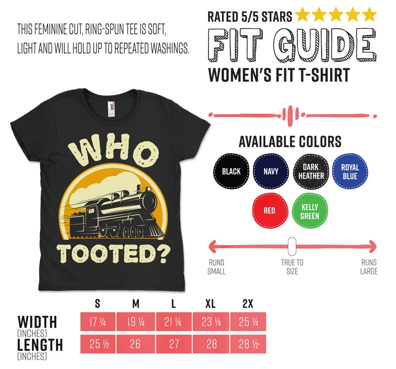 Może przedstawiać: Czarny T-shirt z ż&oacute;łtym k&oacute;łkiem i kresk&oacute;wkowym pociągiem z napisem "Who Tooted?" Koszulka jest dopasowana do sylwetki damskiej i dostępna w r&oacute;żnych kolorach. Tabela rozmiar&oacute;w pokazuje szerokość i długość koszulki w calach.