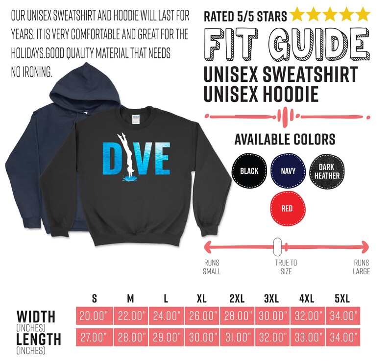 May include: A black unisex sweatshirt with the word "DIVE" in blue letters and a graphic of a person diving into water. The sweatshirt is available in sizes S-5XL and in colors black, navy, dark heather, and red. The size chart shows the width and length of the sweatshirt in inches.