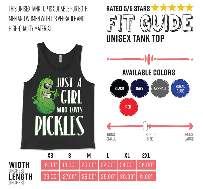 Może przedstawiać: Czarna koszulka na ramiączkach z zielonym og&oacute;rkiem i napisem "Just a girl who loves pickles". Koszulka jest dostępna w r&oacute;żnych kolorach i rozmiarach. Tabela rozmiar&oacute;w pokazuje szerokość i długość koszulki w calach.