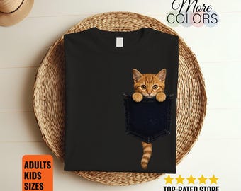 Cute Tabby Cat T-Shirt Pocket Kitty Kawaii Feline Lover Funny Pet Parent Gift Tee