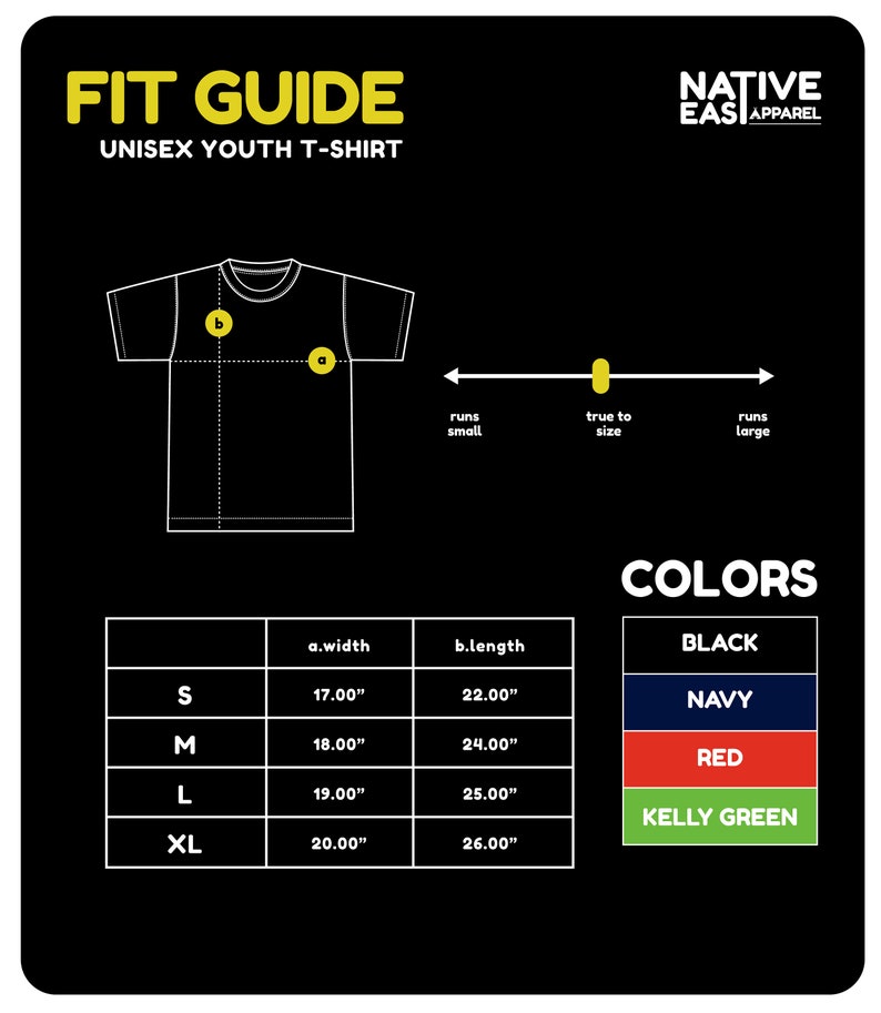 Puede incluir: Gr&aacute;fico negro que muestra una gu&iacute;a de tallas para una camiseta unisex para j&oacute;venes. La gu&iacute;a incluye un contorno de camiseta con puntos de medici&oacute;n, una tabla de tallas con ancho y largo en pulgadas y opciones de color.
