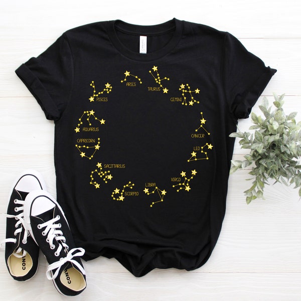 12 Astrology Zodiac Astrological Sign Facts T-Shirt, All Zodiacs Signs, Cute Horoscope Constellation T Shirts, Birthday Party Present Outfit