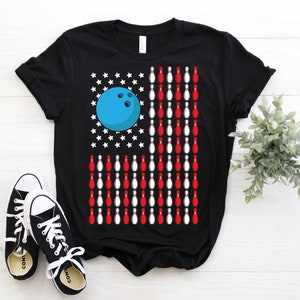 American Flag US Bowling Ball Pin T-shirt, Bowling Player Gift, Bowler Birthday Party Present, Bowling Playing Costume, Bowling Team League,