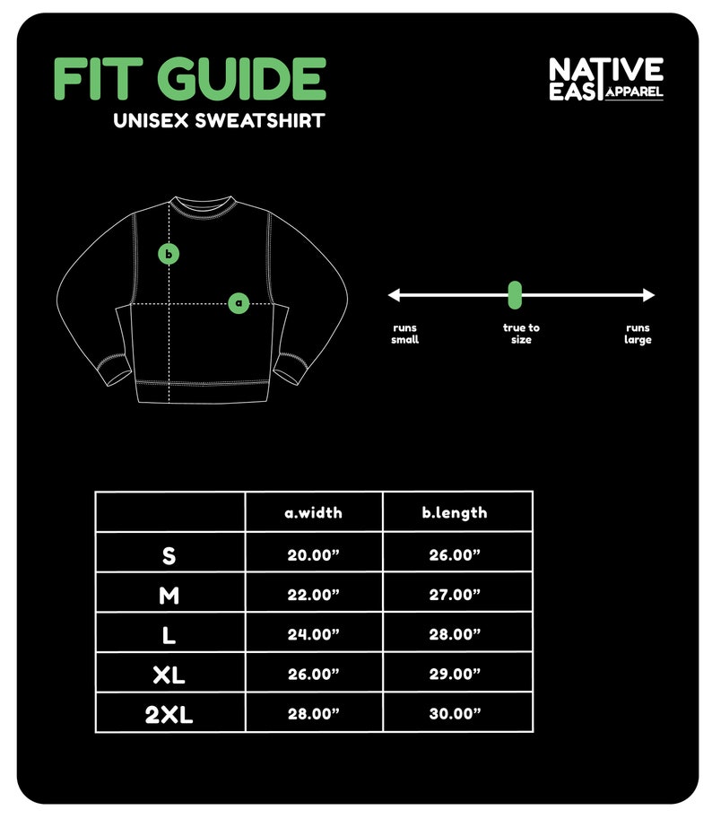 May include: A black graphic displaying a fit guide for a unisex sweatshirt. The guide provides measurements in inches for sizes S, M, L, XL, and 2XL. The text "FIT GUIDE" and "UNISEX SWEATSHIRT" are in green. The brand name is "NATIVE EAST APPAREL".