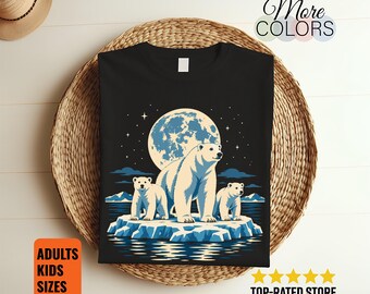 Polar Bear Family Shirt, Arctic Wildlife Tee, Adult with Cubs Moonlight Graphic, Nature Lover Gift, Icy Landscape Animal Illustration Outfit