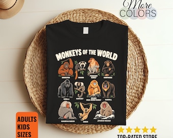 Monkeys of the World Shirt, Primate Chart Tee, Wildlife Lover Gifts, Labeled Animal Illustrations, Zoology Student Birthday, Zoo Trip Outfit