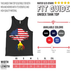K&ouml;nnte beinhalten: Ein schwarzes Tanktop mit einem Baumdesign, das die amerikanische Flagge als Bl&auml;tterdach und die rum&auml;nische Flagge als Wurzeln zeigt. Der Text "FIT GUIDE UNISEX TANK TOP" befindet sich oben im Bild. Die Gr&ouml;&szlig;entabelle zeigt die Breite und L&auml;nge in Zoll f&uuml;r die Gr&ouml;&szlig;en XS bis 2XL.