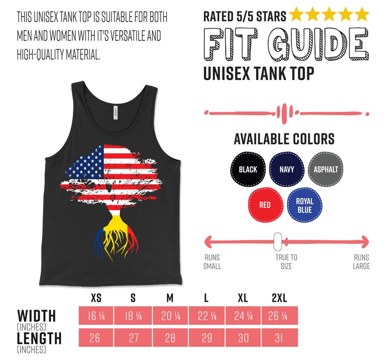 K&ouml;nnte beinhalten: Ein schwarzes Tanktop mit einem Baumdesign, das die amerikanische Flagge als Bl&auml;tterdach und die rum&auml;nische Flagge als Wurzeln zeigt. Der Text "FIT GUIDE UNISEX TANK TOP" befindet sich oben im Bild. Die Gr&ouml;&szlig;entabelle zeigt die Breite und L&auml;nge in Zoll f&uuml;r die Gr&ouml;&szlig;en XS bis 2XL.