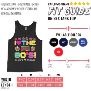 Puede incluir: Un tanque negro con un estampado gr&aacute;fico de un coraz&oacute;n, las palabras "I &hearts; THE 80'S!" e iconos retro de los 80. La tabla de tallas muestra el ancho y la longitud en pulgadas para las tallas S, M, L, XL y 2XL.