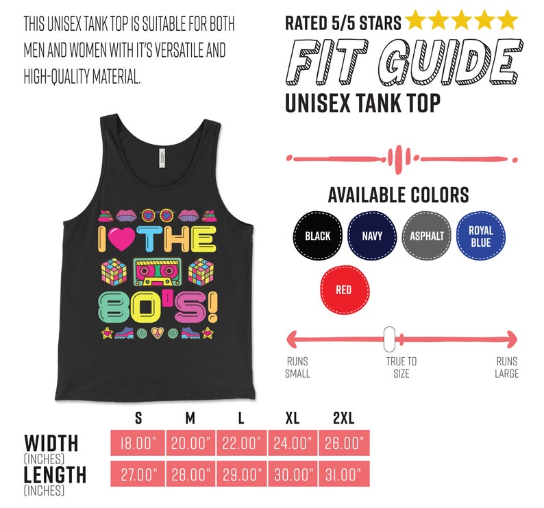 Puede incluir: Un tanque negro con un estampado gr&aacute;fico de un coraz&oacute;n, las palabras "I &hearts; THE 80'S!" e iconos retro de los 80. La tabla de tallas muestra el ancho y la longitud en pulgadas para las tallas S, M, L, XL y 2XL.